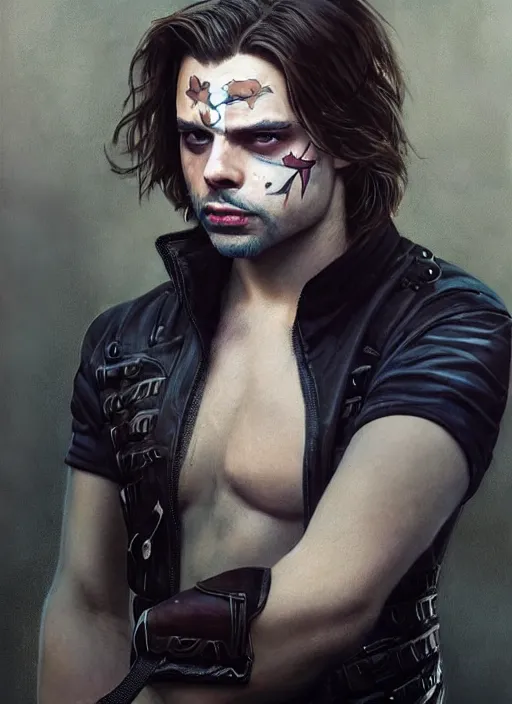 Prompt: sebastian stan as bucky barnes with his face painted. face painting of flowers. beautiful highly detailed face. painting by artgerm and greg rutkowski and raymond swanland.