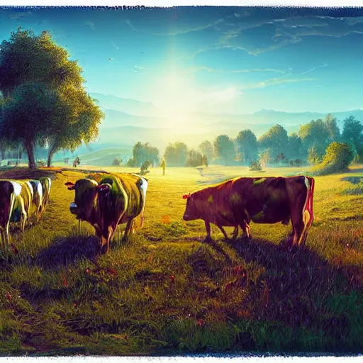 Prompt: herd of cows in a field, ultrafine highly detailed hyper colorful illustration, sharp focus, rozalski, craig mullins, federico pelat, unreal engine highly rendered, global illumination, radiant light, intricate and detailed environment