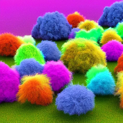 Prompt: Colorful fluffy trees made of fur in a field, Cinema4D render, volumetric lighting
