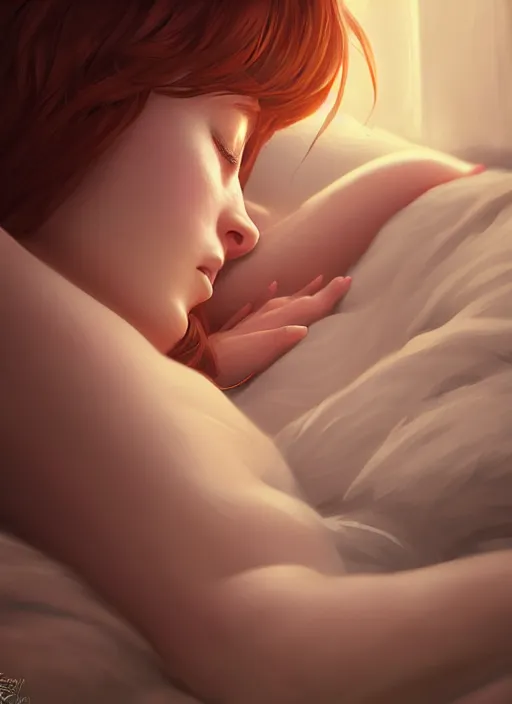 Image similar to sleeping portrait of wendy's mascot wendy thomas, hyper detailed, digital art, trending in artstation, cinematic lighting, studio quality, smooth render, unreal engine 5 rendered, octane rendered, art style by klimt and nixeu and ian sprigger and wlop and krenz cushart.