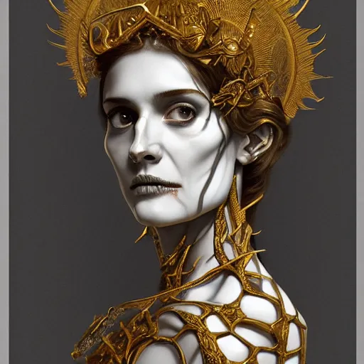 Prompt: portrait of Hecate as a marble statue skeleton, skeleton Hecate, greek mythology, gold crown and filaments, intricate, headshot, highly detailed, digital painting, artstation, concept art, sharp focus, cinematic lighting, illustration, art by artgerm and greg rutkowski, alphonse mucha, Caravaggio, chiaroscuro, cgsociety