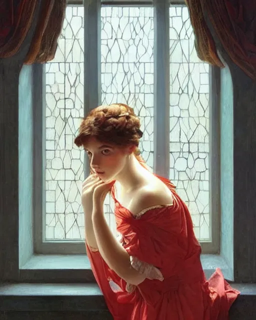 Image similar to a girl watching through a window, oil on canvas, artstation, by j. c. leyendecker and edmund blair leighton and charlie bowater, beautiful face, octane, very aesthetic!!!!!!!!!!!!!!!