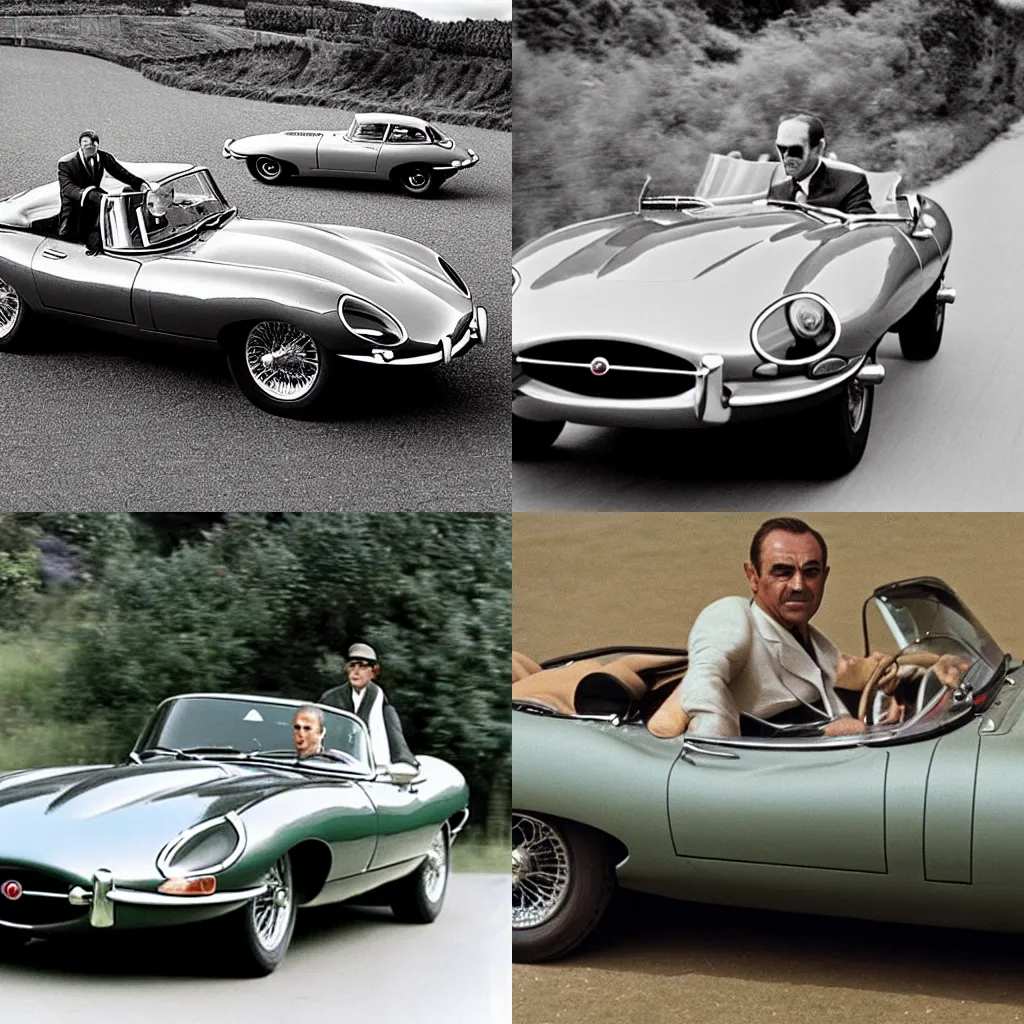 Prompt: sean connery as james bond driving an jaguar e - type.