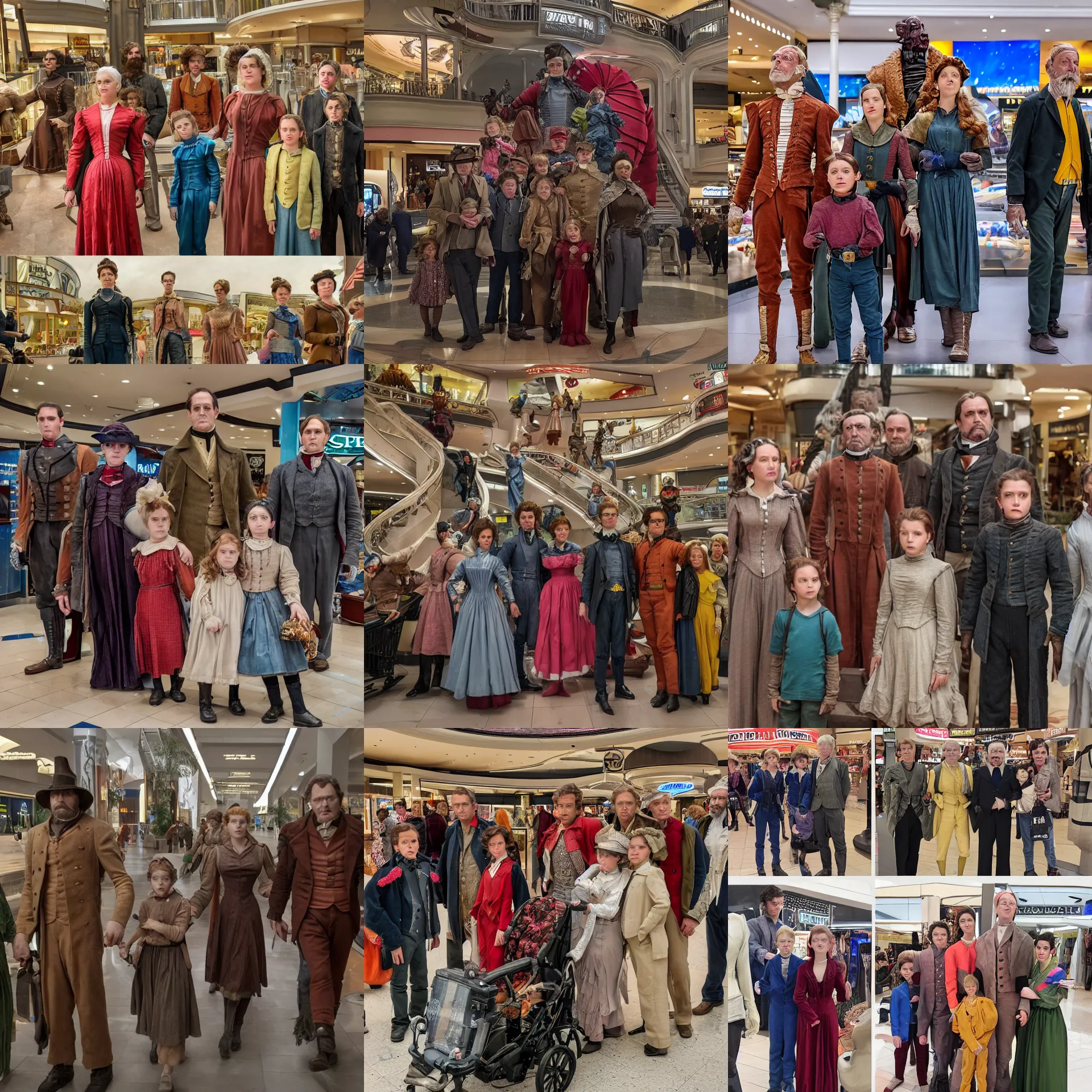 Prompt: sharp, highly detailed, frame from a sci fi blockbuster color movie made in 2019, a family of four time travelers from 1860 travel in time to 2019, appearing in a shopping mall, looking surprised, the family are all wearing 1860s era clothes, cinematic lighting, in focus, cinematic still, high quality scan