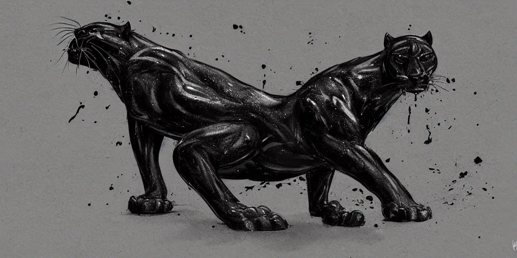 Prompt: a panther, made of smooth black goo, bathing in the tar lake, viscous, sticky, full of tar, covered with black goo. concept art, painting, animal drawing, wildlife photography, black goo, cinematic, in the style of cory loftis