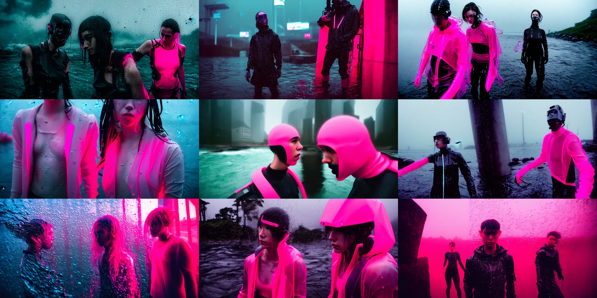 Prompt: cinestill hasselblad candid photographic portrait by robert capas of cyberpunks wearing rugged neon pink mesh techwear in treacherous waters, wideangle, motion blur, modern cyberpunk moody depressing cinematic, pouring rain, 8 k, hd, high resolution, 3 5 mm, f / 3 2, ultra realistic faces, ex machina