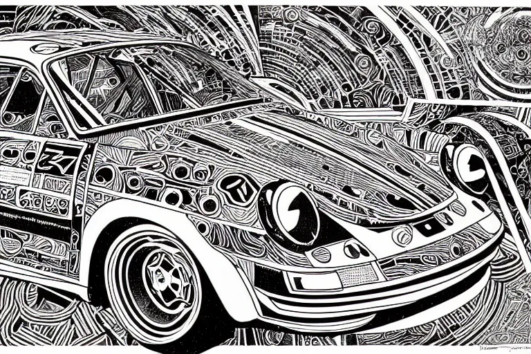 Image similar to a black and white drawing of a porsche 9 1 1 reimagined by singer, a detailed mixed media collage by hiroki tsukuda and eduardo paolozzi and moebius, intricate linework, sketchbook psychedelic doodle comic drawing, geometric, street art, polycount, deconstructivism, matte drawing, academic art, constructivism