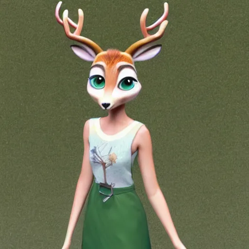 Image similar to portrait, 3 d render, anthropomorphic female deer, wearing along white dress, in the style of zootopia,