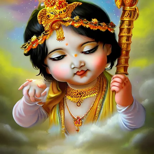 Prompt: baby krishna cute ,chibi style, foggy, clouds ,clear face , golden ratio, rule of thirds, magical effect ,artstation, galaxy