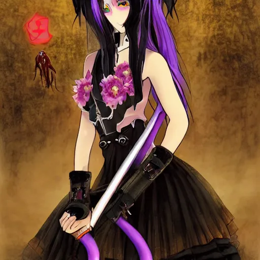 Prompt: gloomy black haired demon girl with demon horns in a pretty mid-length black dress with a katana in front of a dystopian purple colored city picking up a flower, high detail photo