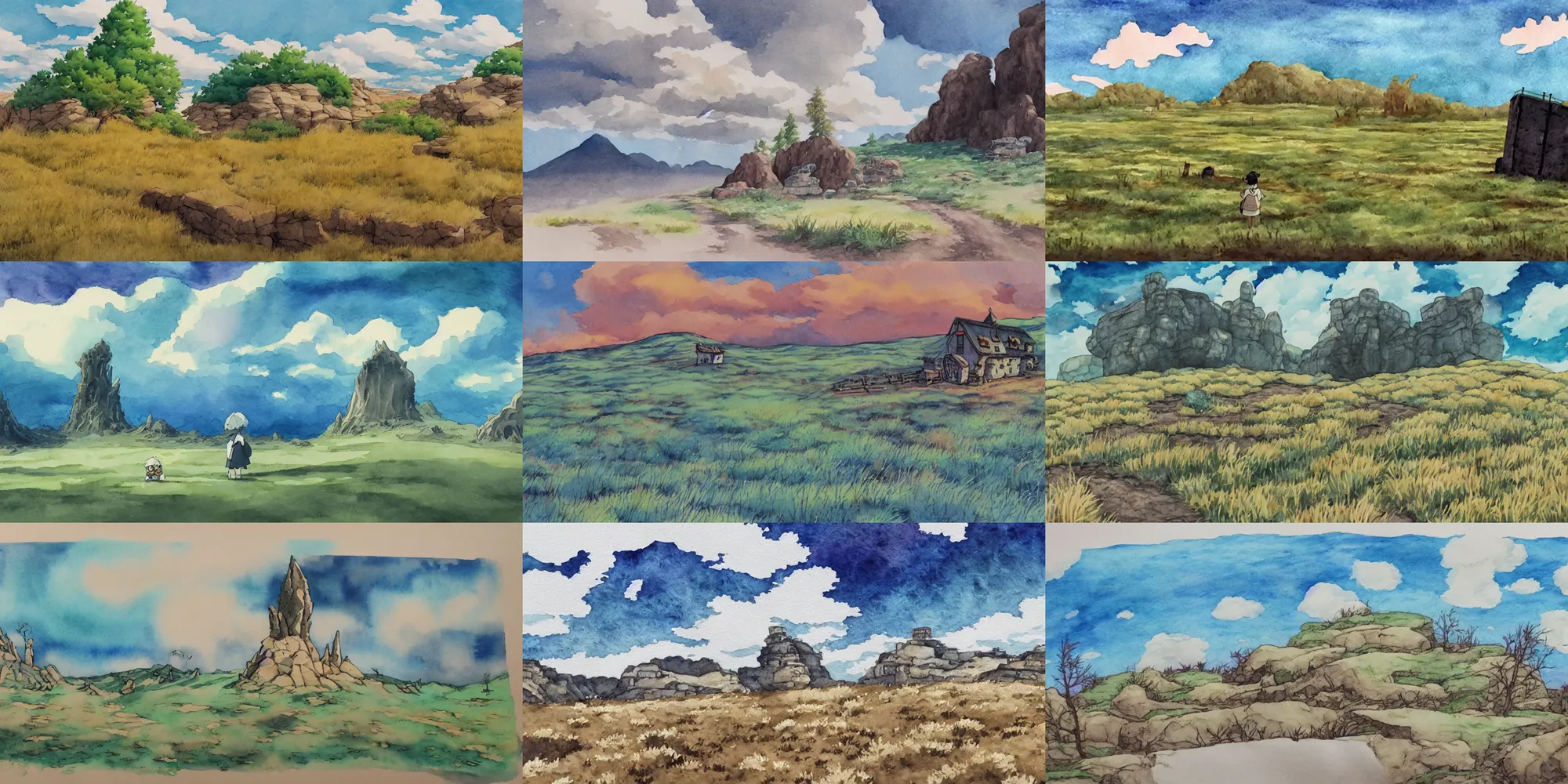 Prompt: desolate landscape in style of ghibli , in watercolor gouache detailed paintings