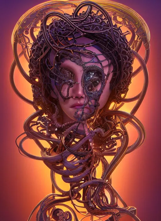 Prompt: biomechanical medusa, art nouveau swirls, strong subsurface scattering, cables, tubes, subsurface scattering, colored wax material, in the style of james jean and tomasz alen kopera and beeple, mystical colors, rim light, soft lighting, 8 k, stunning scene, raytracing, octane render, trending on artstation