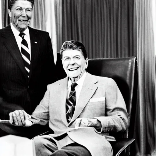 Image similar to [ ronald reagan sitting in chair next to tiger ]