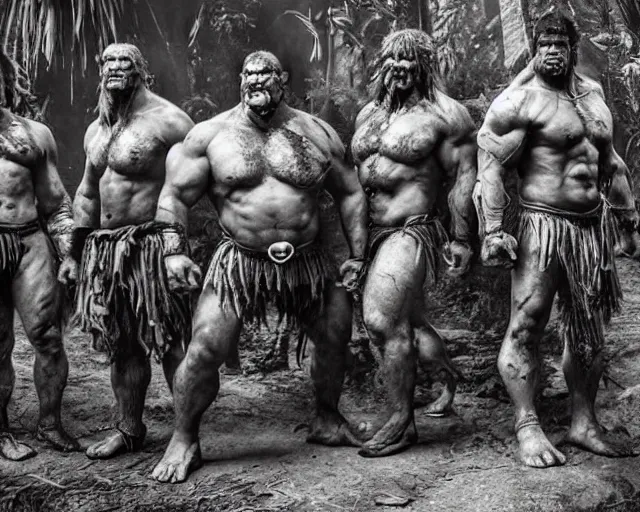 Image similar to hyper realistic group vintage photograph of a live action warcraft orc warrior tribe in the jungle, tall, hulk like physique, detailed faces, tribal paint, tribal armor, grain, old, monochrome, sepia toned, realistic lighting, wide angle