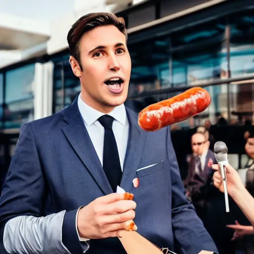 Prompt: a handsome news reporter with a symmetric face holding a frankfurter sausage in his hand, a big sausage as microphone, breaking news