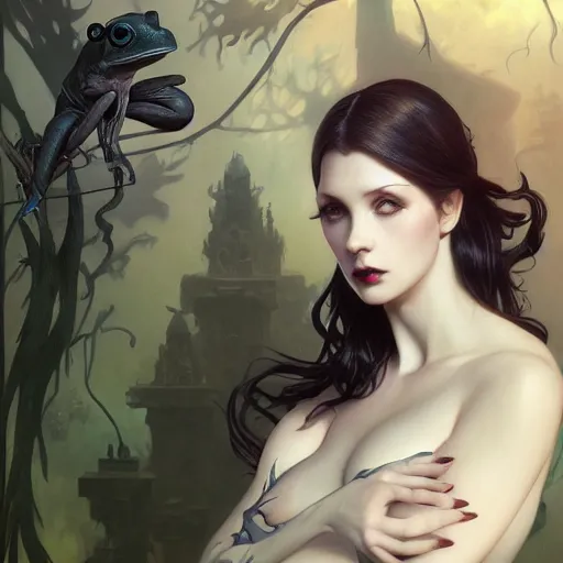 Image similar to attractive goth woman with a frog, intricate, highly detailed, digital painting, artstation, concept art, smooth, sharp focus, illustration, unreal engine 5, 8 k, art by artgerm and greg rutkowski and alphonse mucha