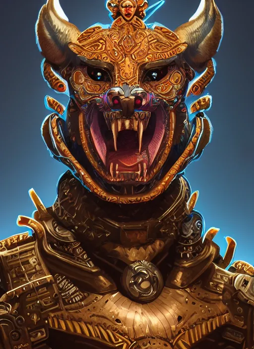 Prompt: a highly detailed illustration of cyber aztec jaguar warrior, intricate, elegant, highly detailed, centered, digital painting, artstation, concept art, smooth, sharp focus, league of legends concept art, wlop.