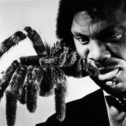 Image similar to charles mingus sniffing a big hairy tarantula, professional photograph, 4 k