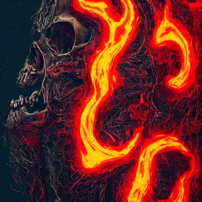 Prompt: portrait of a skull in a flame retardant suit. intricate abstract. intricate artwork. by Tooth Wu, wlop, beeple, dan mumford. octane render, trending on artstation, greg rutkowski very coherent symmetrical artwork. cinematic, hyper realism, high detail, octane render, 8k, iridescent accents