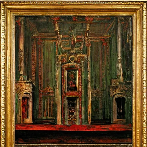 Image similar to A dark throne room with curtains by Gustave Moreau, by Georgia O keeffe