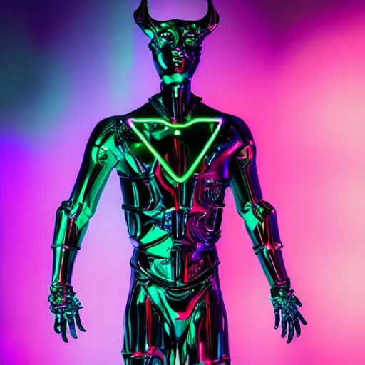 Image similar to neon-noir cybernetic devil-god, iridescent statue, full body, hyper realistic, 8k cinematic lighting, black background, magical glow, sparkly atmophere, ominous, surreal, futuristic, no long neck and double face - W 1024