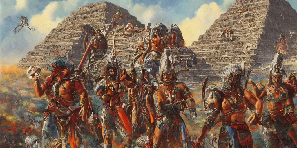 Image similar to simonetti rutkowski epic painting aztec warriors watching spaceship starship arriving to mesoamerican pyramid
