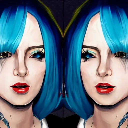 Image similar to full face shot of rimuru tempest, sky blue straight hair, long bangs, with amber eyes, wearing a fancy black jacket, high collar, ultra detailed, brush strokes, digital painting, cinematic, wlop artstation, closeup, pixiv, intense, intimidating glare, photorealistic, overpowering, andy warhol,