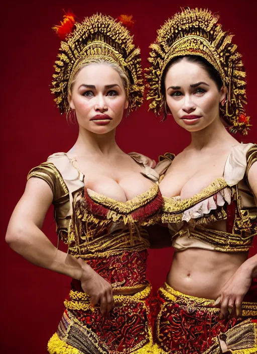 Prompt: portrait of lindsey pelas and emilia clarke as traditional javanese dancer, by charlotte grimm, natural light, detailed face, canon eos c 3 0 0, ƒ 1. 8, 3 5 mm, 8 k, medium - format print, half body shot