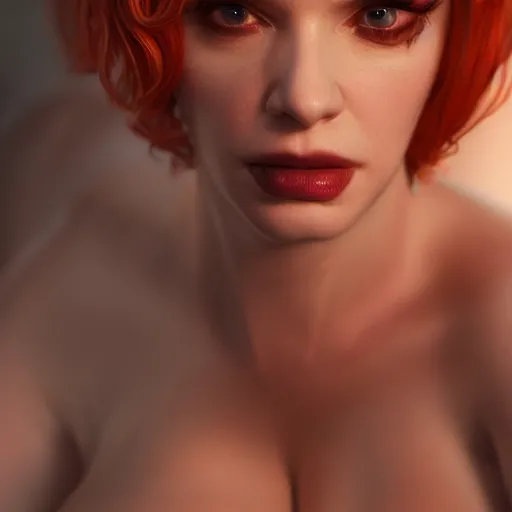 Prompt: Christina Hendricks as succubus, breathtaking, 8k resolution, extremely detailed, beautiful, artistic, Hyperrealism, beautiful face, octane render, redshift