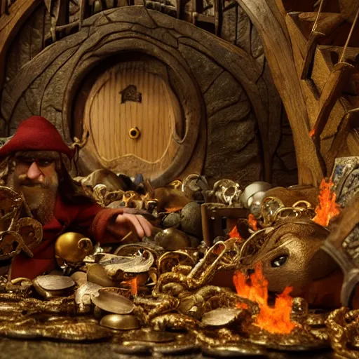 Prompt: “the hobbit and Smaug with his treasure hoard, 8k, animation, henry selick, detailed”