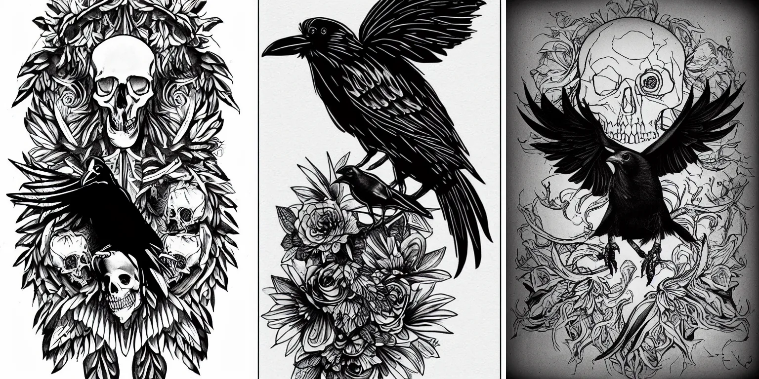 Prompt: tattoo design of a Raven on a skull, inked, monochrome, black and white