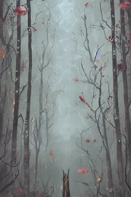 Image similar to tarot card, haunted woods, by andy kehoe