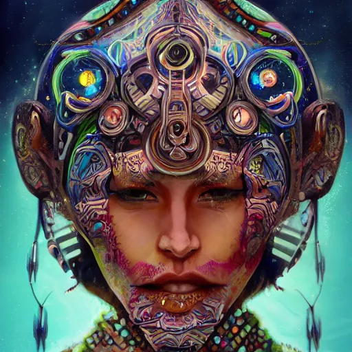 Prompt: portrait of a future metaverse Ayahuasca tech shaman warrior, 2D cartoon, visionary art, symmetric, Magick symbols, holy halo, shipibo patterns, sci-fi, concept art, trending on art station, 8k digital art, by Mandy Jurgens, fantasy portrait art, anime