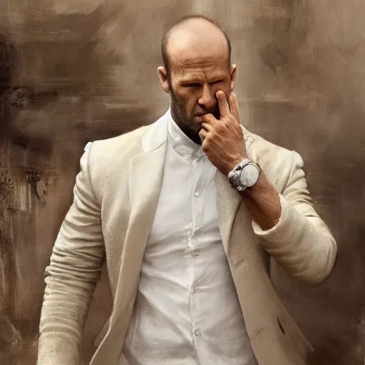 Prompt: Papier Mache Biopunk Jason Statham conceals his brain whilst wearing a white labcoat acrylic painting edouard riou ruan jia greg rutkowski achille beltrame