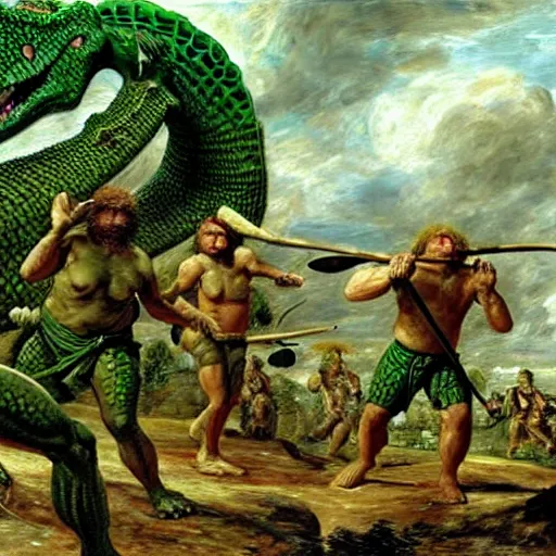 Image similar to A green scaly dinosaur!!! fighting with several realistic detailed cavemen with proportioned bodies armed with spears, the cavemen are wearing animal furs, coarse canvas, visible brushstrokes, intricate, extremely detailed painting by John Constable