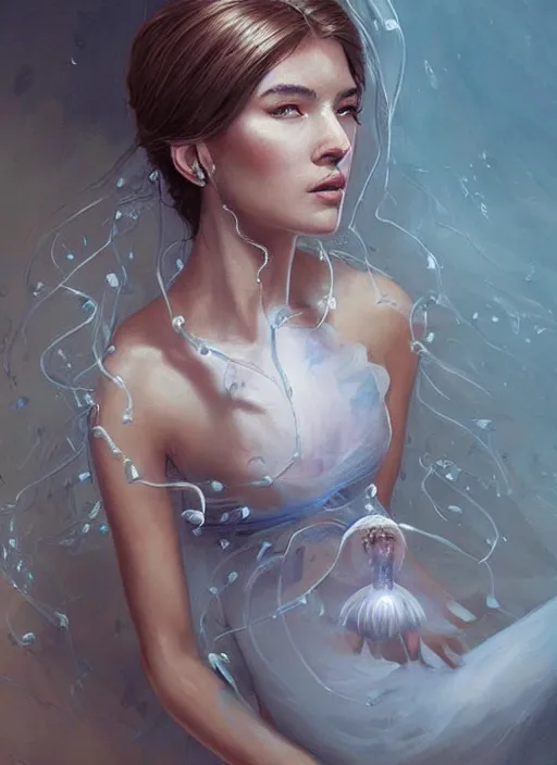 Image similar to a beautiful woman in a dress shaped like a jellyfish. beautiful highly detailed face. painting by artgerm and greg rutkowski and magali villanueve.