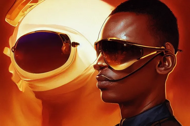 Prompt: Beautiful portrait of a skin glowing male police officer wearing cool shades. wide angle, magic, fire, darkness, dramatic lighting, Africa, intricate, wild, highly detailed, digital painting, artstation, concept art, smooth, sharp focus, illustration, art by artgerm and greg rutkowski and alphonse mucha, footage from space camera