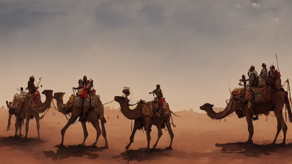 Prompt: view of arabian merchants riding camels in the desert, watercolored, jakub rozalski, dark colours, dieselpunk, artstation