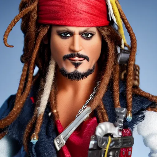 Image similar to Captain Jack Sparrow as a male barbie doll, Mattel, studio product photography, professional, detailed, f/8.0