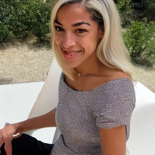 Prompt: photo of aoc as a blond caucasian woman, white dress