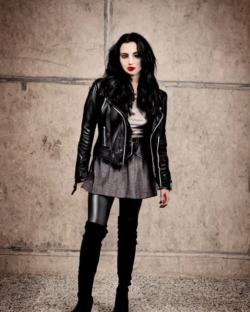 Prompt: young woman in her 20s, she wears a leather jacket and knee high boots, full body portrait, taken by a nikon, detailed, wonderful dark hair