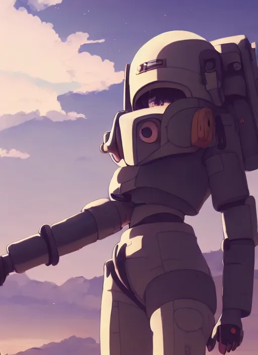 Prompt: panoramic view of cute pilot girl, black sky background, desert landscape, illustration concept art anime key visual trending pixiv fanbox by wlop and greg rutkowski and makoto shinkai and studio ghibli and kyoto animation, soldier clothing, military gear, fused mecha parts, rule of thirds