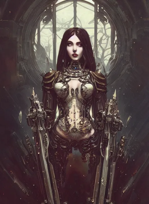 Image similar to beautiful pale gothic maiden, warhammer 40000, cyberpunk, intricate, elegant, highly detailed, digital painting, artstation, concept art, smooth, sharp focus, illustration, art by artgerm and greg rutkowski and alphonse mucha and Gustav Klimt