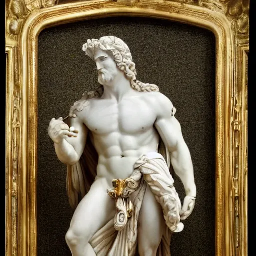 Prompt: a marble statue of zeus at olympus laid with gold