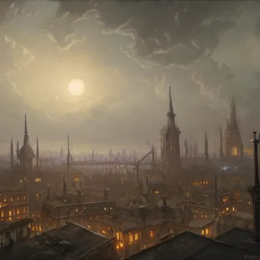 Image similar to Hyper realistic painting of a victorian city covered my smog, dark fantasy, dark clouds above with moonlight shining through them, industrial buildings, view from above, by Greg Rutkowski
