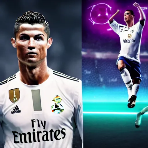 Image similar to cristiano ronaldo with futurist soccer outfit in a stadium with neon, night, cyberpunk, realistic, beautiful, fantasy