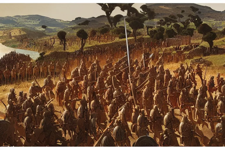Prompt: Wide shot of distant battle of Cannae 216 BCE, with republic-era Roman soldiers in formations, Carthaginian phalanxes in formations, overlooking river Aufidius Italy, intricate, elegant, highly detailed, Richard Brooks, Angus McBride