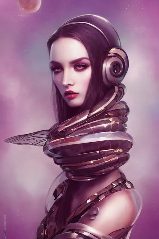 Prompt: portrait of an elegant alien bee woman queen, straight on portrait, full body character concept art, honeycomb, by artgerm, tom bagshaw, gerald brom, vaporwave colors, lo - fi colors, vaporwave, lo - fi, moody vibe, goth vibe, 4 k, hd,