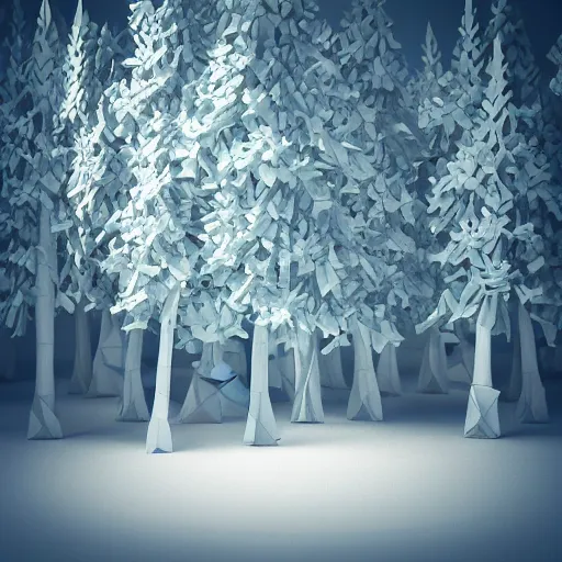 Image similar to origami forest in white paper, 3 d render, ultra - detailed, on white background, studio shot