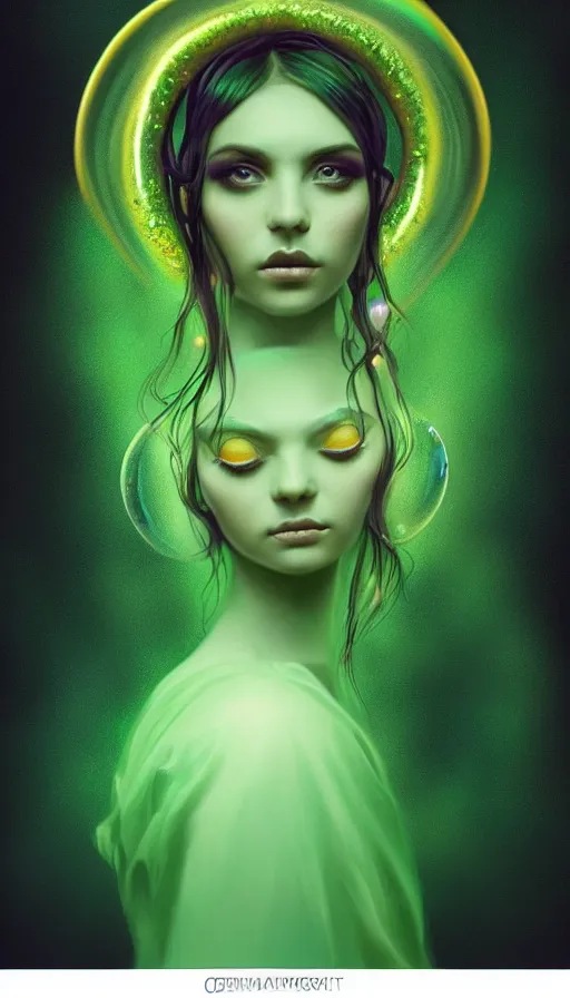 Image similar to portrait of magical green dj , dark fantasy, gradient green black, dreamy and ethereal, (colour) eyes, one head, golden ratio, peaceful expression, ornate frilly dress, fantasy, intricate, elegant, rainbow bubbles, highly detailed, digital painting, artstation, concept art, smooth,b sharp focus, illustration, art by artgerm and greg rutkowski and alphonse mucha